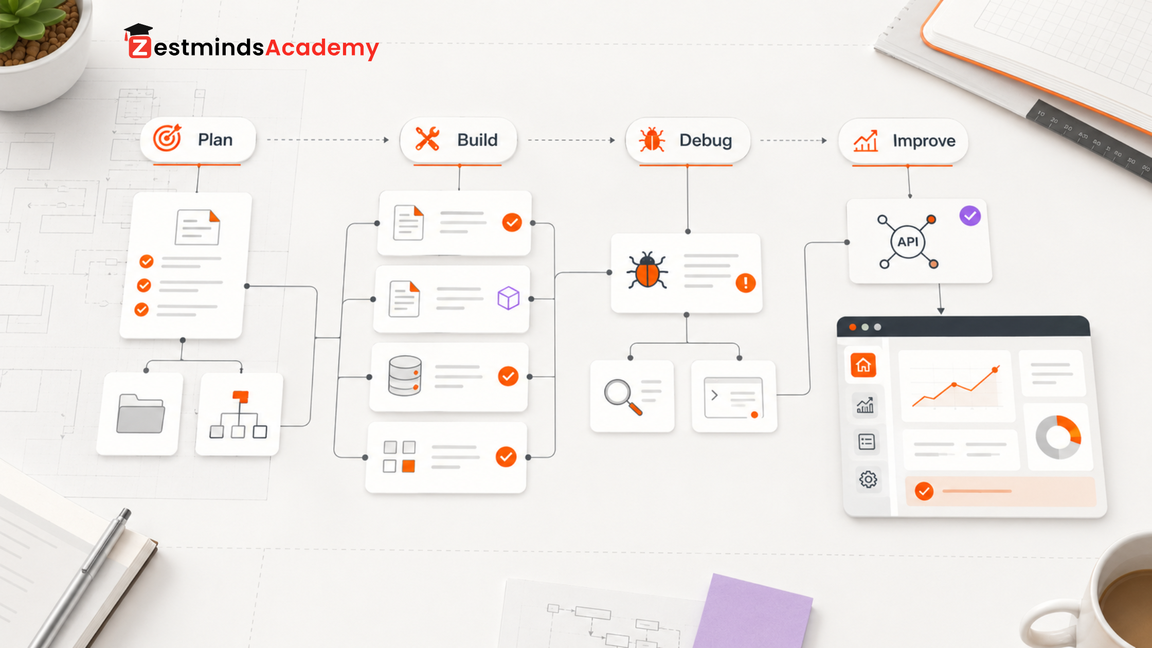 Python project planning workflow showing plan, build, debug, and improve stages