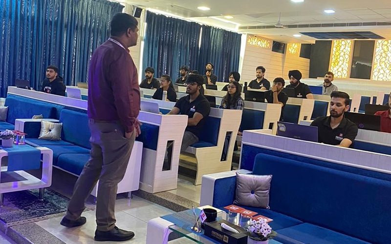 Zestminds Technologies team interacting with students during campus placement drive at Chitkara University