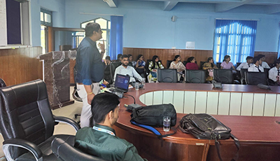 Shivam Sharma conducting technology trends session with students at Govt College Dhaliara